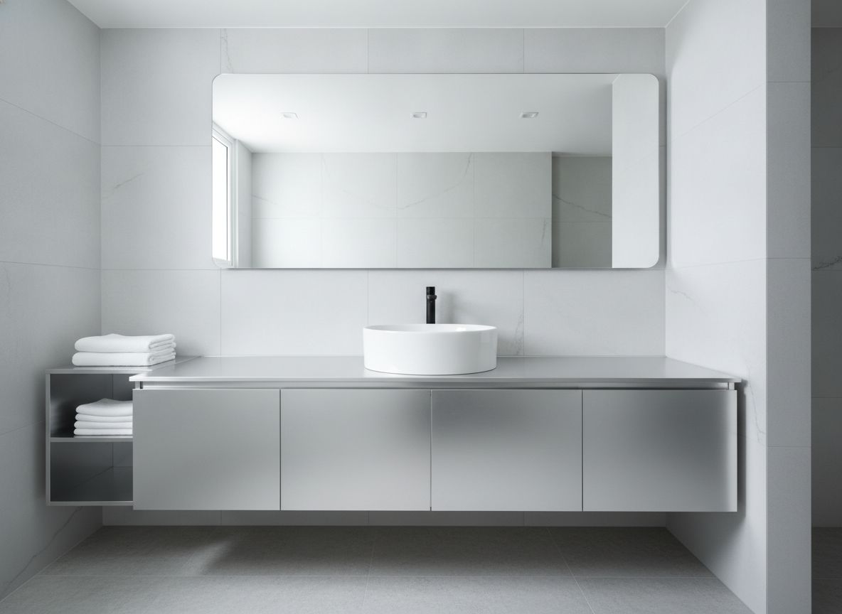 Bathroom vanity cabinet with a vessel basin and mirror