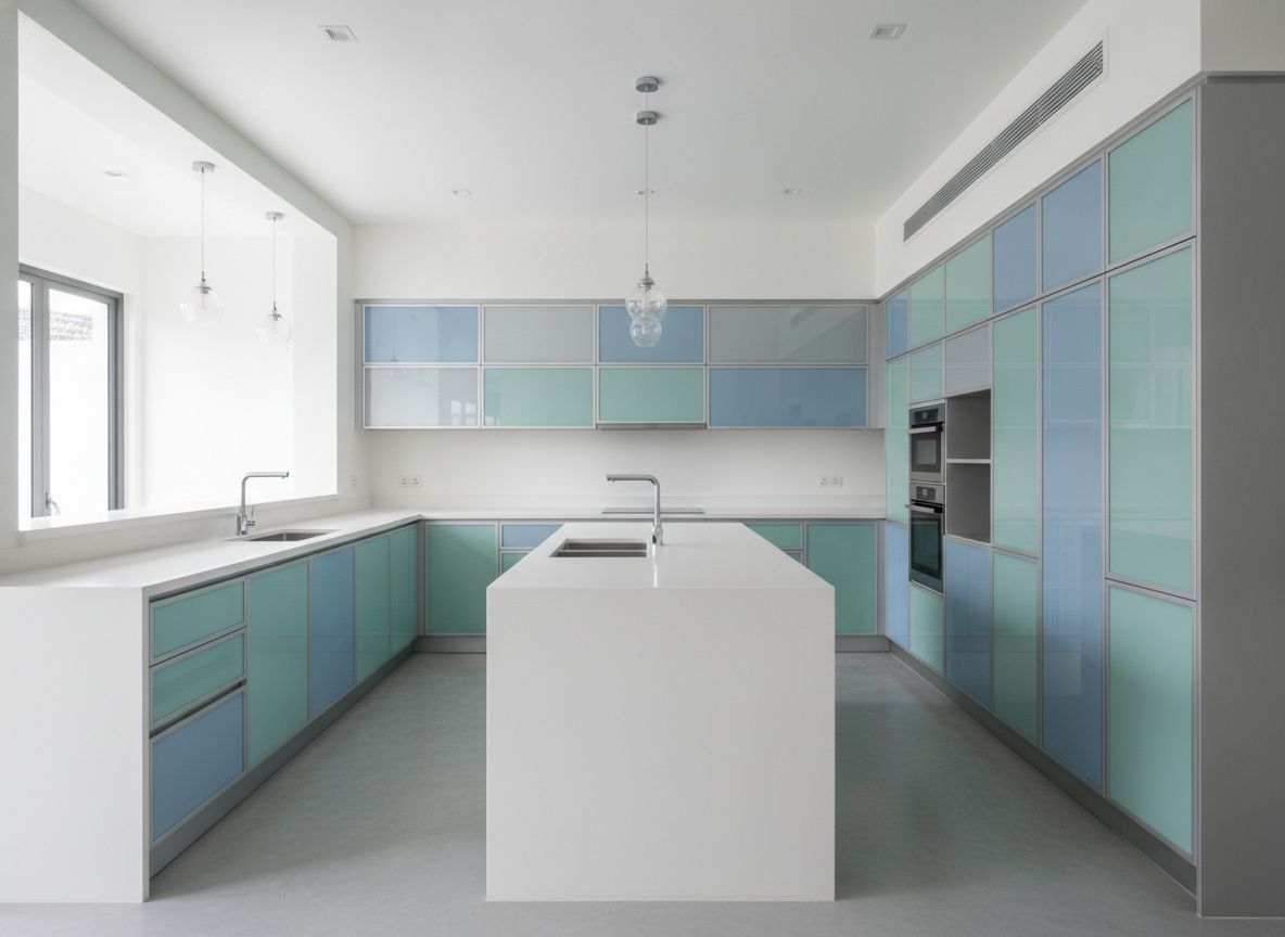 Kitchen with aluminium-framed coloured glass cabinet doors