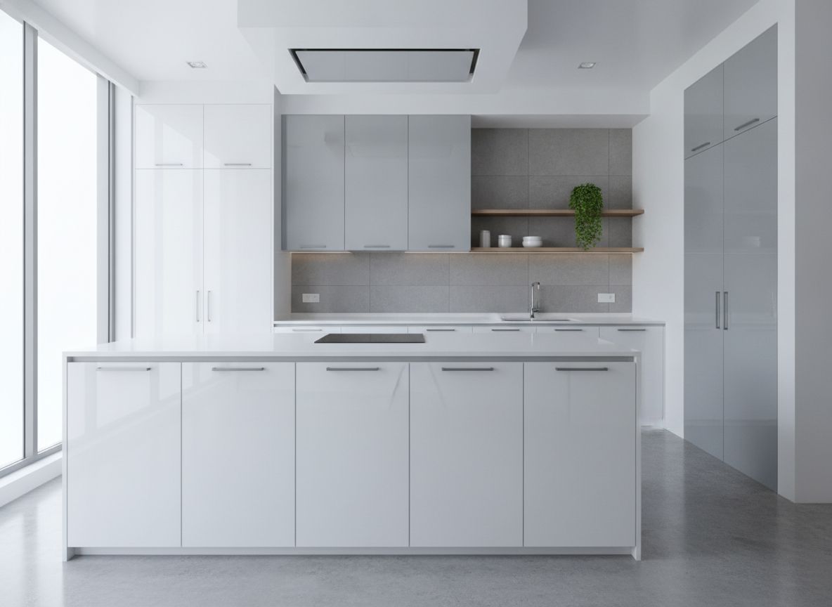 Frameless glossy glass kitchen cabinets with slim handles
