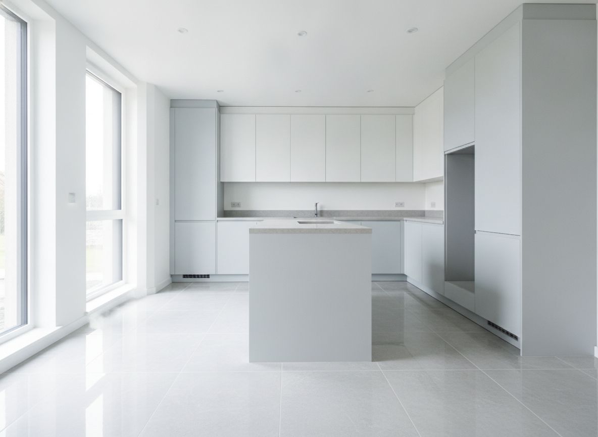 Newly fitted kitchen with tall cabinets and wall units