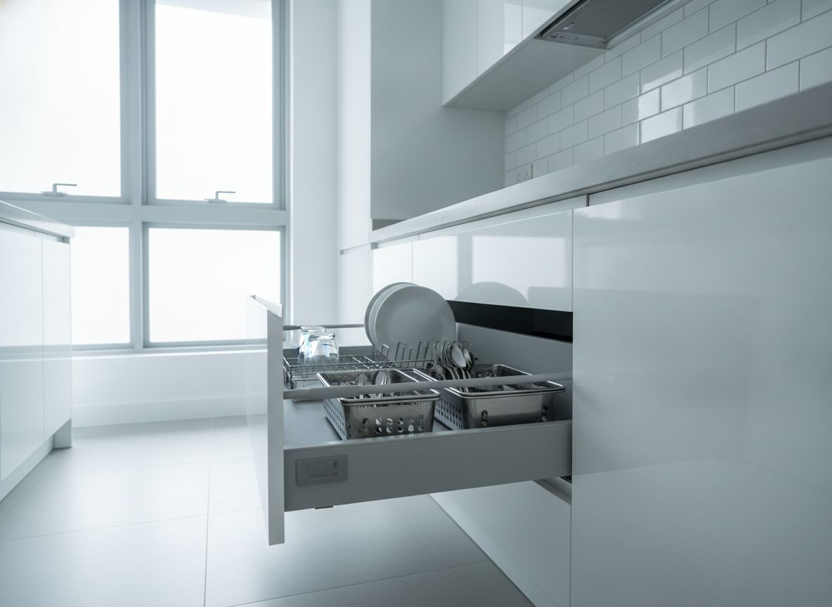 Open pull-out drawer with a stainless steel dish rack