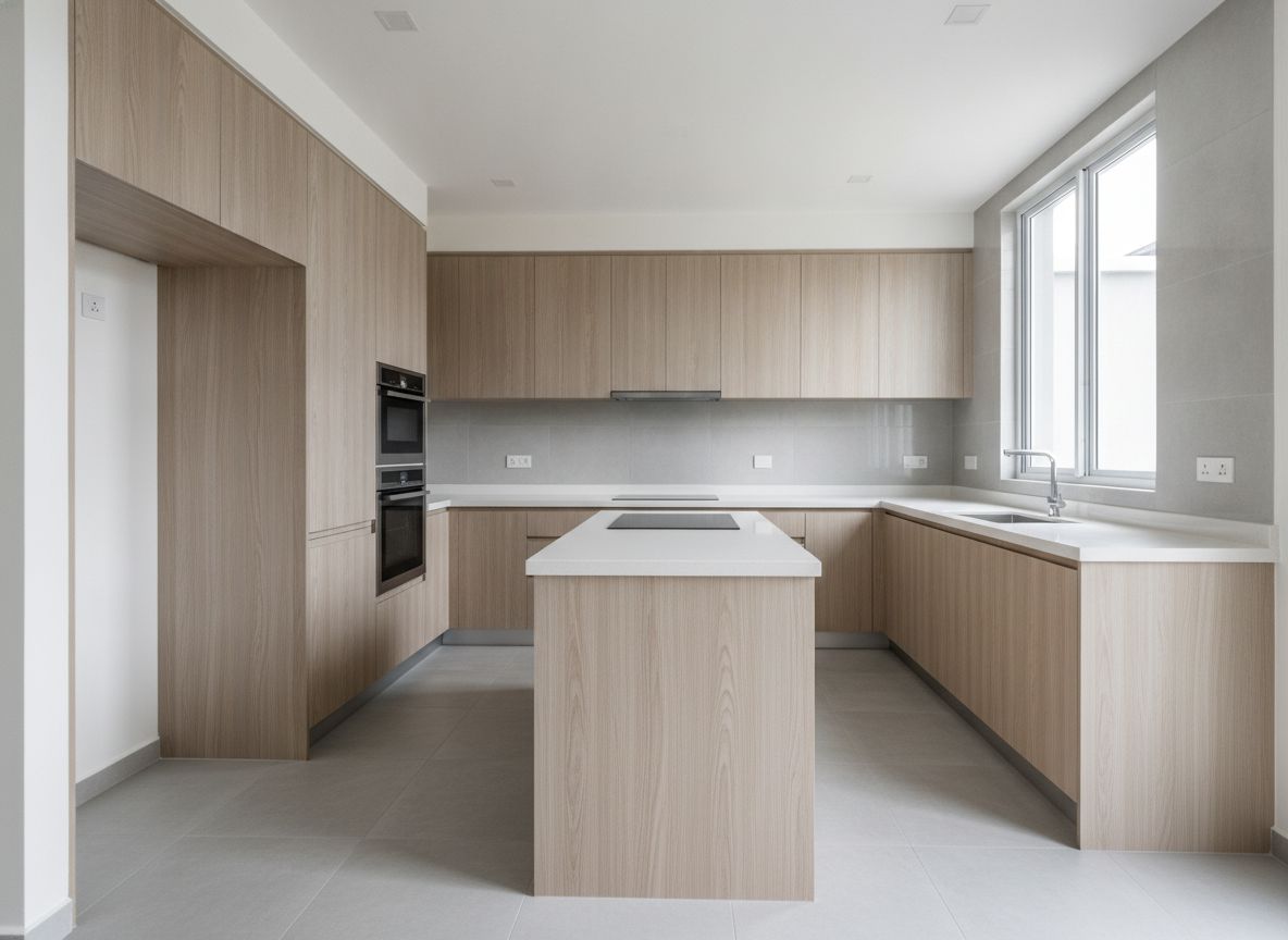 Kitchen cabinets clad in woodgrain composite panels