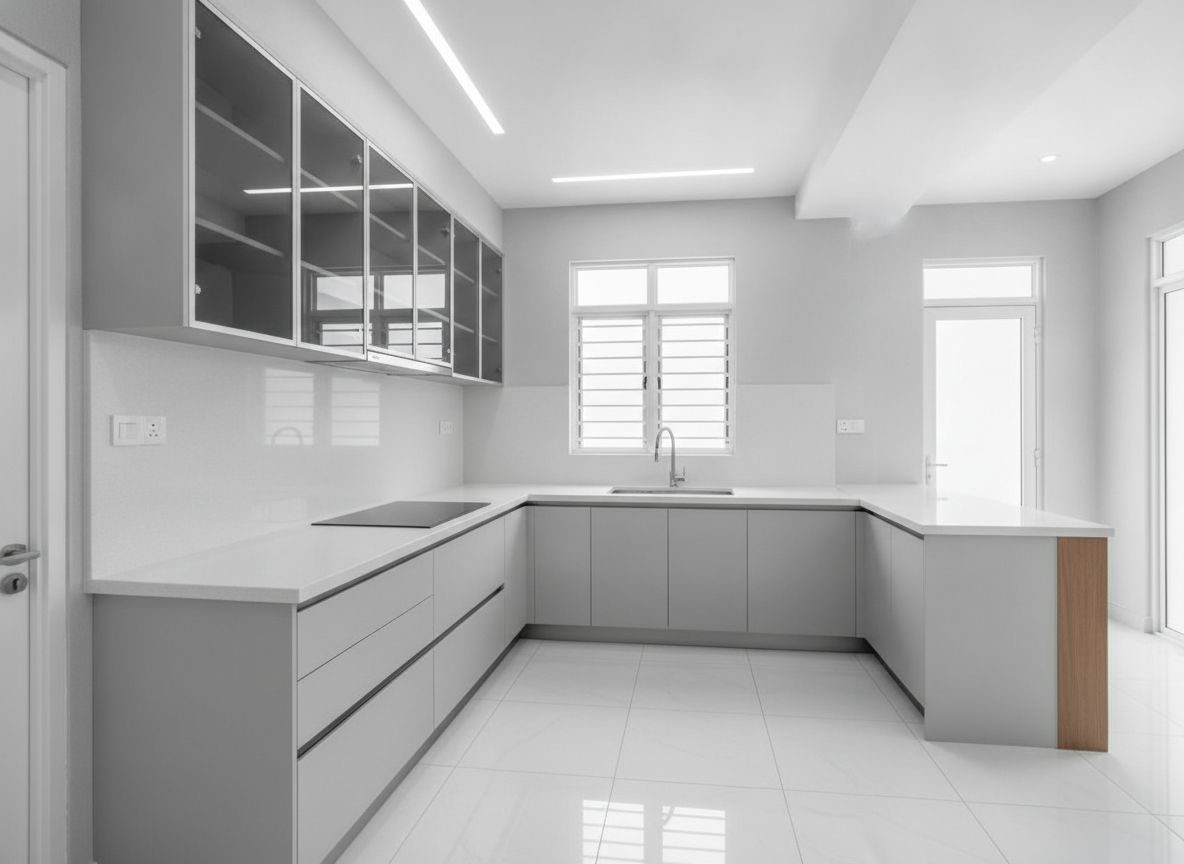 L-shaped kitchen with glass cabinet doors and a quartz worktop