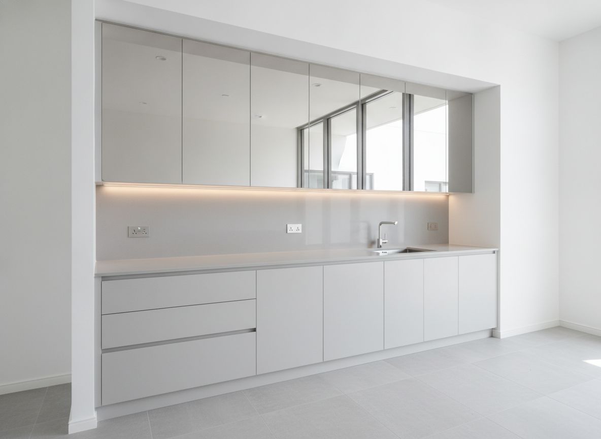 Wall cabinets with reflective glass doors above a long worktop