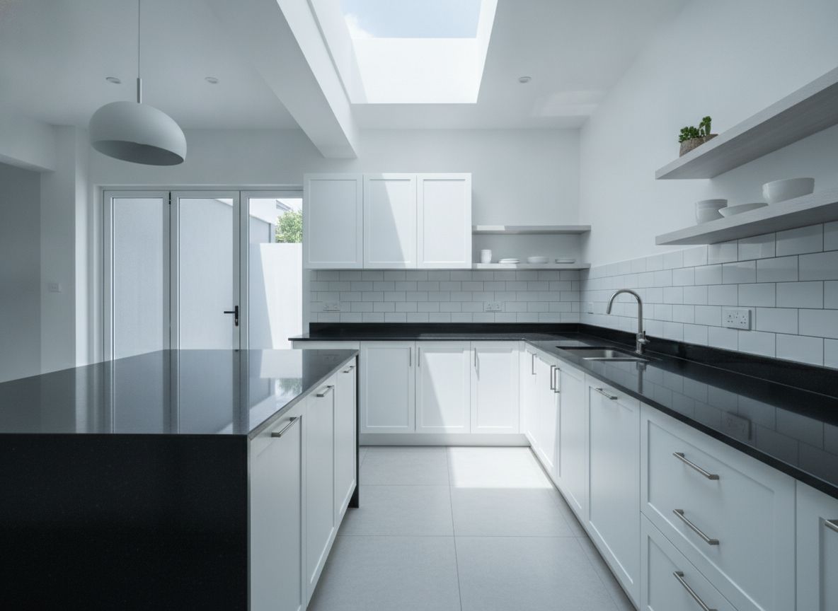 White shaker-style cabinets with a black worktop