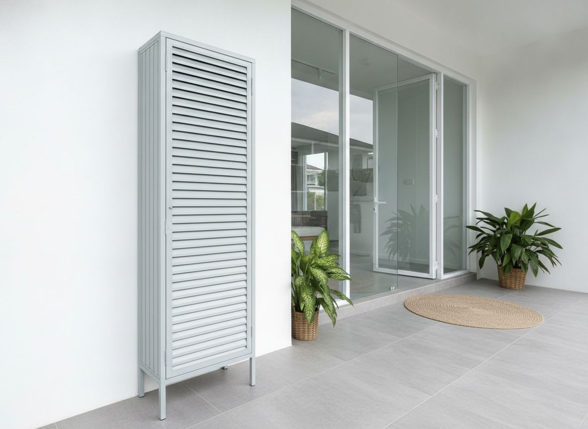 Tall louvred shoe cabinet at a house entrance